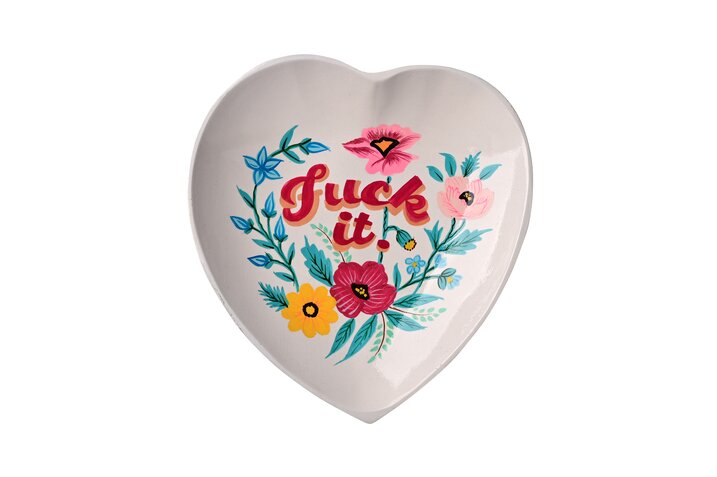 Love Plates dekotallerken i mangotræ – "Fuck it", hvid hjerte