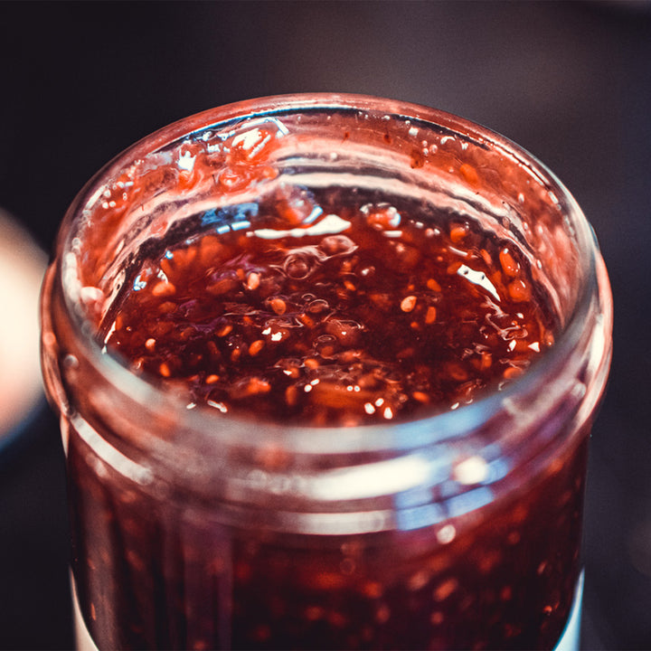 Raspberry rhubarb elderflower jam