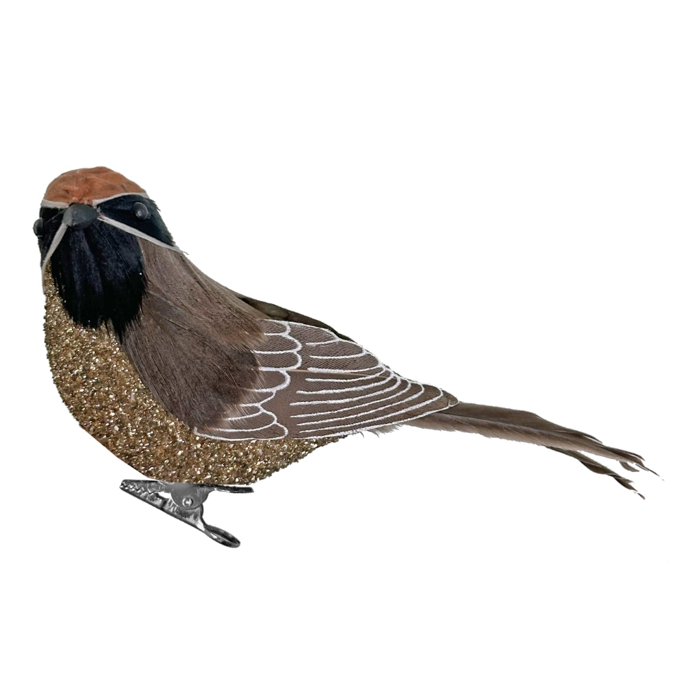 Fugl med fjer – orange hoved, sølv krop 13 cm