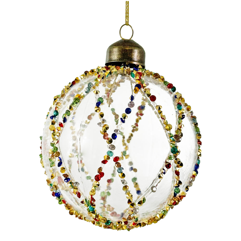 Glas julekugle transparent med guldfarvede diamantlinjer 8 cm