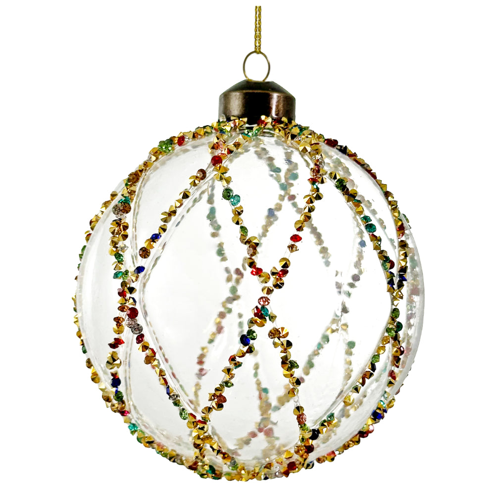 Glas julekugle transparent med guldfarvede diamantlinjer 10 cm