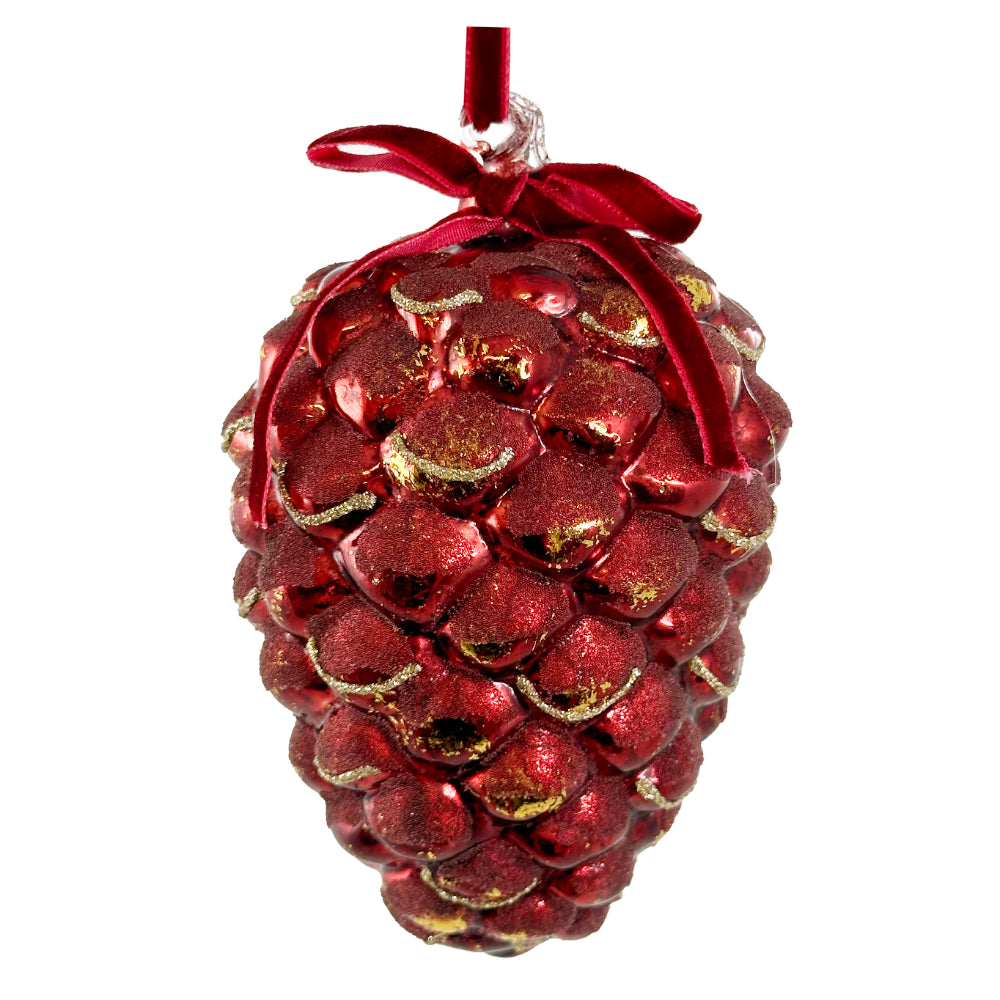 Rund kegle i glas, skinnende antik rød med guldfolie og perler 11 cm