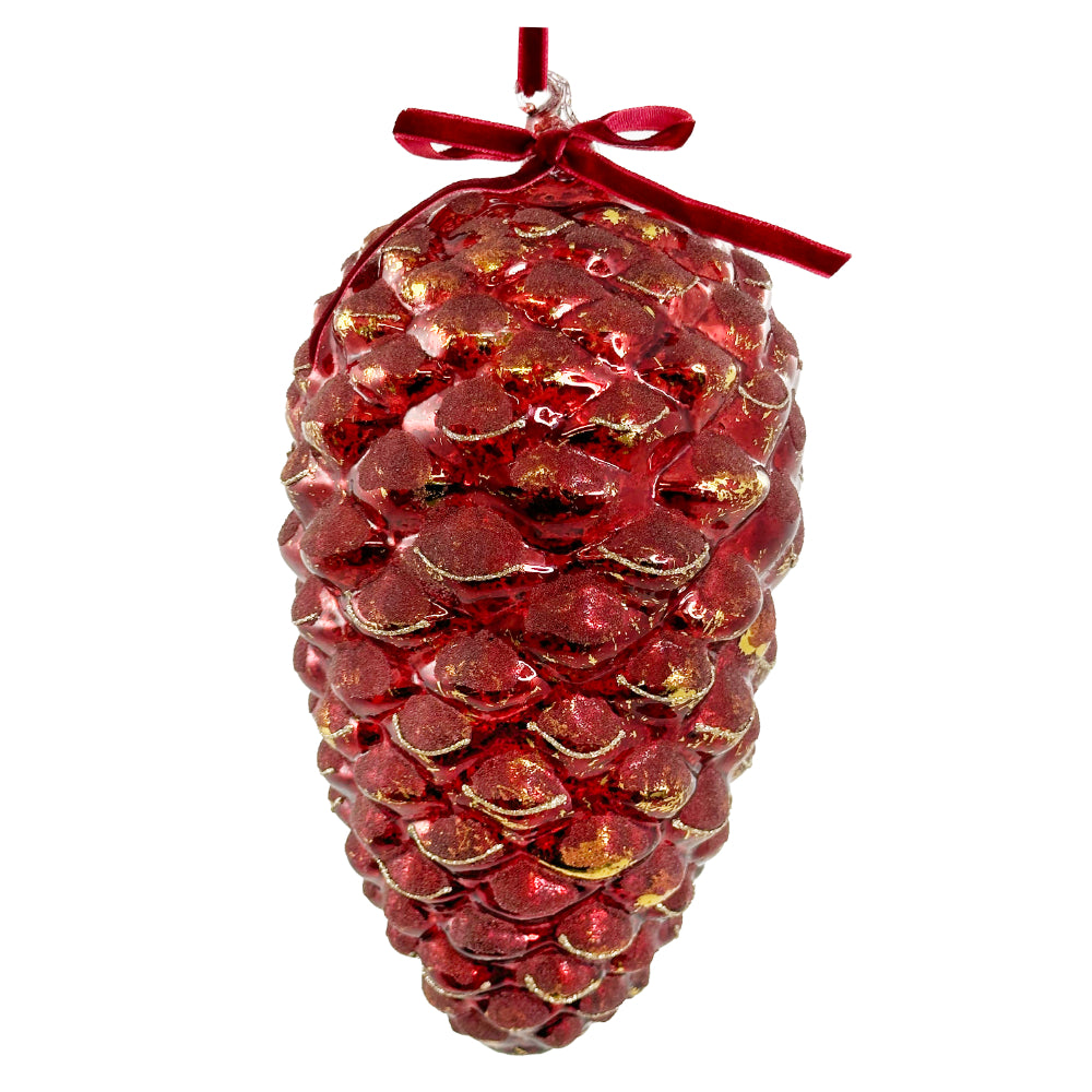 Rund kegle i glas, skinnende antik rød med guldfolie og perler 22 cm