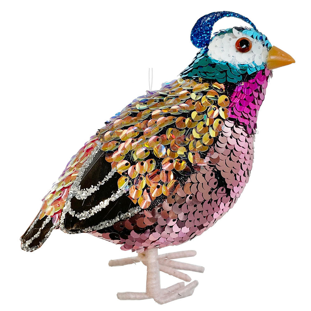 Opdag Sequin Quail  – en 15 cm dekorationsvagtel i rosa med glitrende pailletter. Perfekt til juletræet, bordpynt eller som festlig dekoration i hjemmet.
