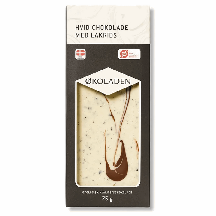 Hvid Chokolade med lakrids Chokolade Økoladen Krusmølle