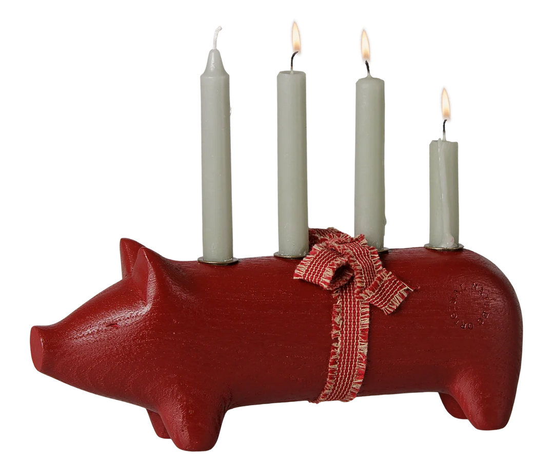 Trælysestage, Gris, Advent Medium - Rød