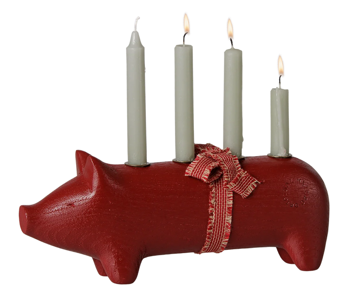 Trælysestage, Gris, Advent Medium - Rød