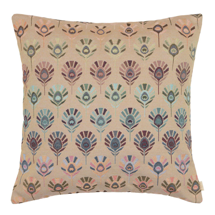 Pude Serenity Plume Dusty Pastel 50×50 – Gobelin Pude med Påfuglefjer