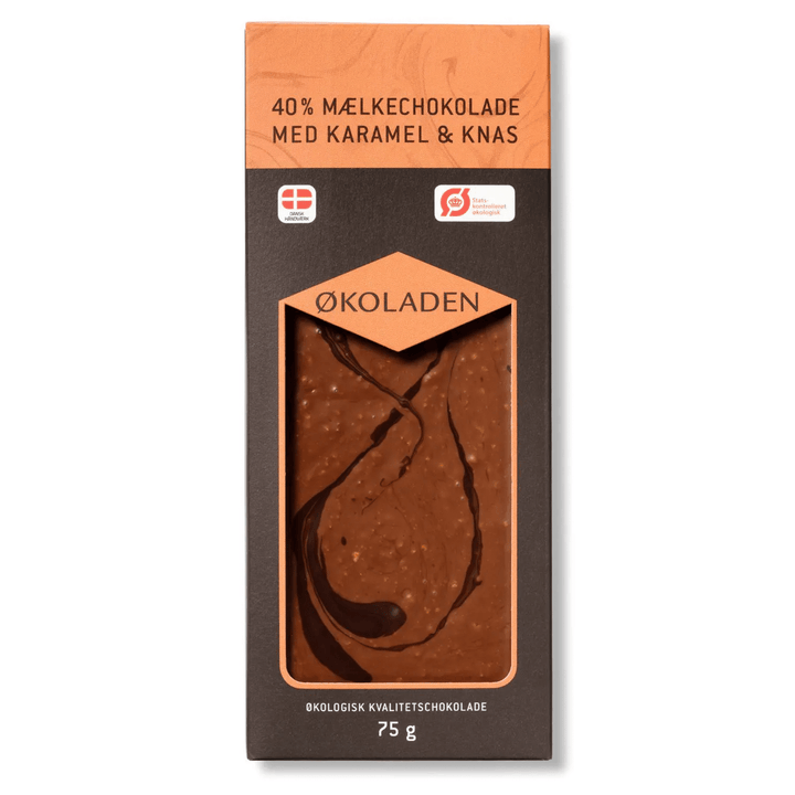 Mælkechokolade med karamel & knas Chokolade Økoladen Krusmølle